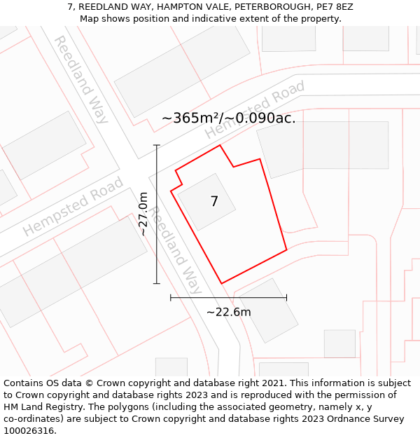 7, REEDLAND WAY, HAMPTON VALE, PETERBOROUGH, PE7 8EZ: Plot and title map