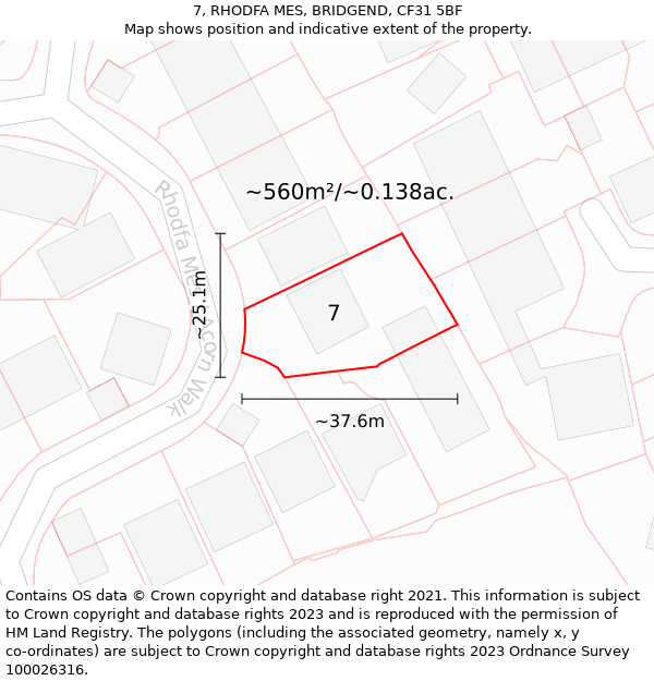 7, RHODFA MES, BRIDGEND, CF31 5BF: Plot and title map