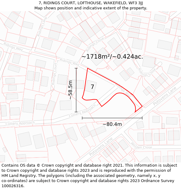 7, RIDINGS COURT, LOFTHOUSE, WAKEFIELD, WF3 3JJ: Plot and title map