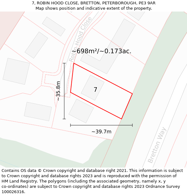 7, ROBIN HOOD CLOSE, BRETTON, PETERBOROUGH, PE3 9AR: Plot and title map