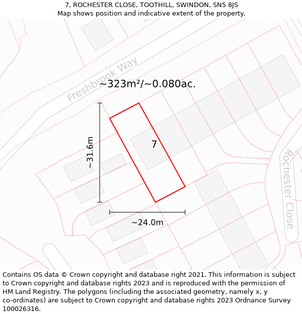 7, ROCHESTER CLOSE, TOOTHILL, SWINDON, SN5 8JS: Plot and title map