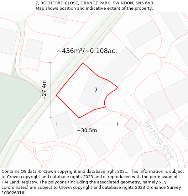 7, ROCHFORD CLOSE, GRANGE PARK, SWINDON, SN5 6AB: Plot and title map