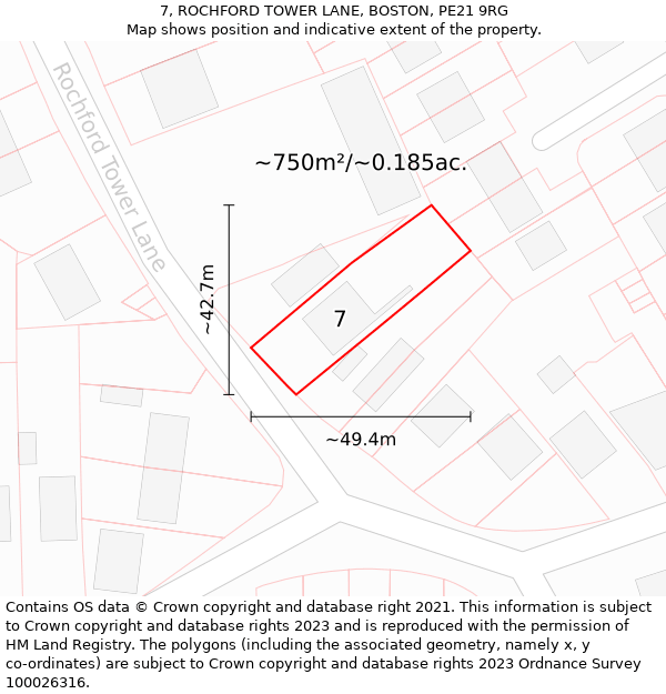 7, ROCHFORD TOWER LANE, BOSTON, PE21 9RG: Plot and title map