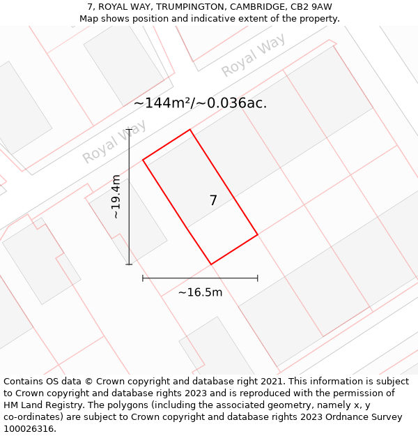 7, ROYAL WAY, TRUMPINGTON, CAMBRIDGE, CB2 9AW: Plot and title map