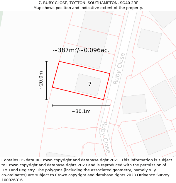 7, RUBY CLOSE, TOTTON, SOUTHAMPTON, SO40 2BF: Plot and title map