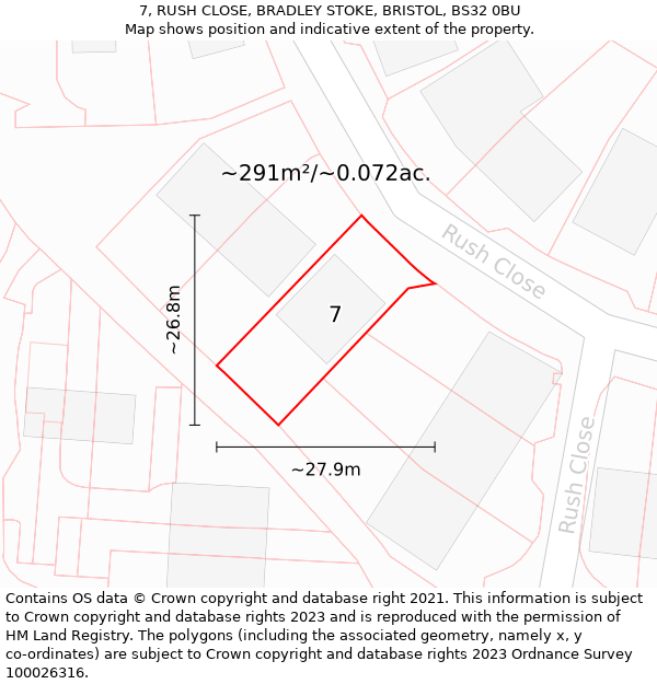 7, RUSH CLOSE, BRADLEY STOKE, BRISTOL, BS32 0BU: Plot and title map