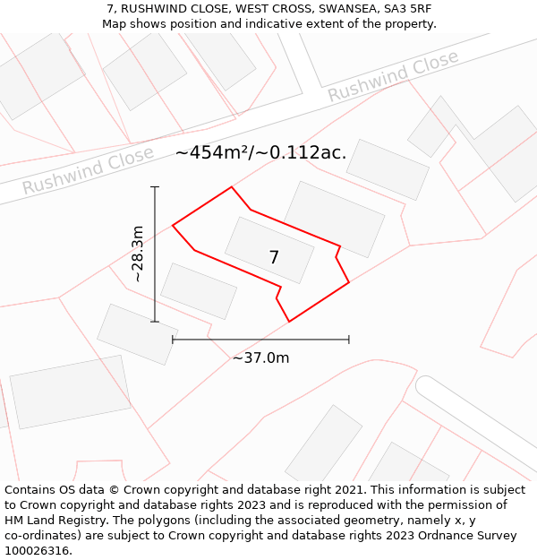 7, RUSHWIND CLOSE, WEST CROSS, SWANSEA, SA3 5RF: Plot and title map