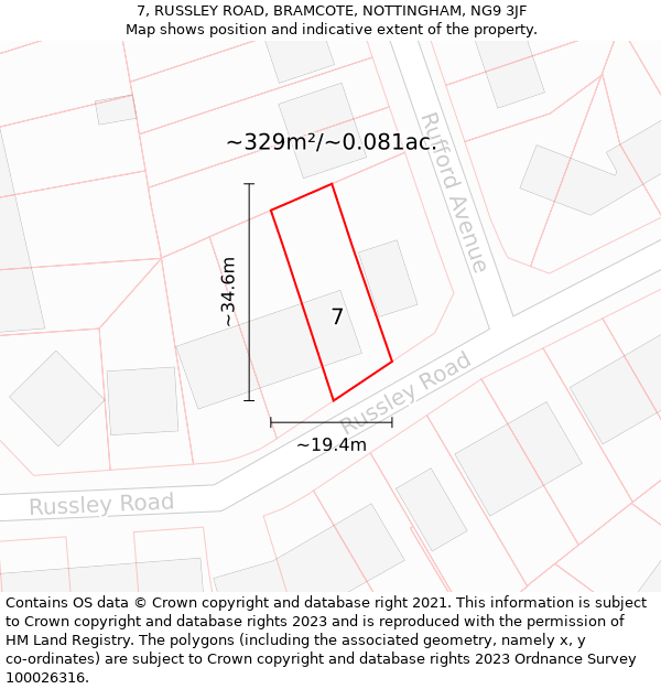 7, RUSSLEY ROAD, BRAMCOTE, NOTTINGHAM, NG9 3JF: Plot and title map