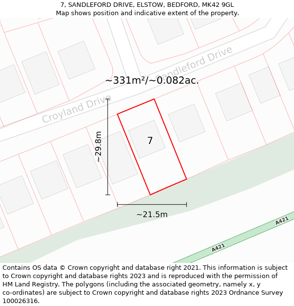 7, SANDLEFORD DRIVE, ELSTOW, BEDFORD, MK42 9GL: Plot and title map