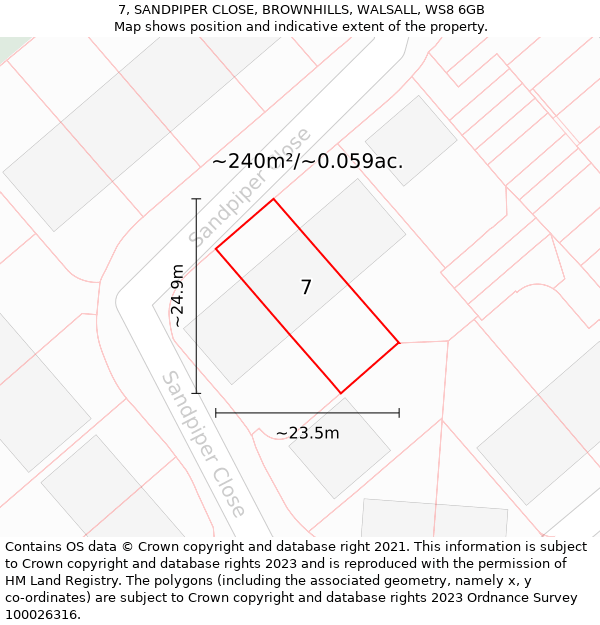 7, SANDPIPER CLOSE, BROWNHILLS, WALSALL, WS8 6GB: Plot and title map