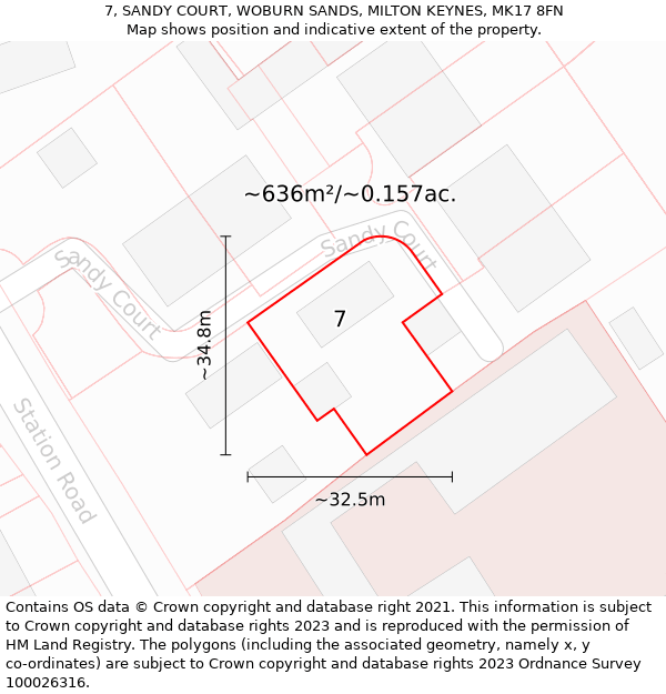 7, SANDY COURT, WOBURN SANDS, MILTON KEYNES, MK17 8FN: Plot and title map