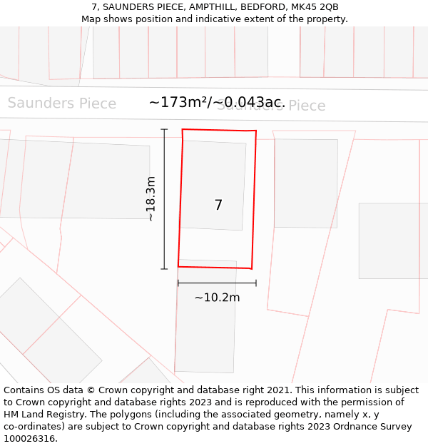 7, SAUNDERS PIECE, AMPTHILL, BEDFORD, MK45 2QB: Plot and title map