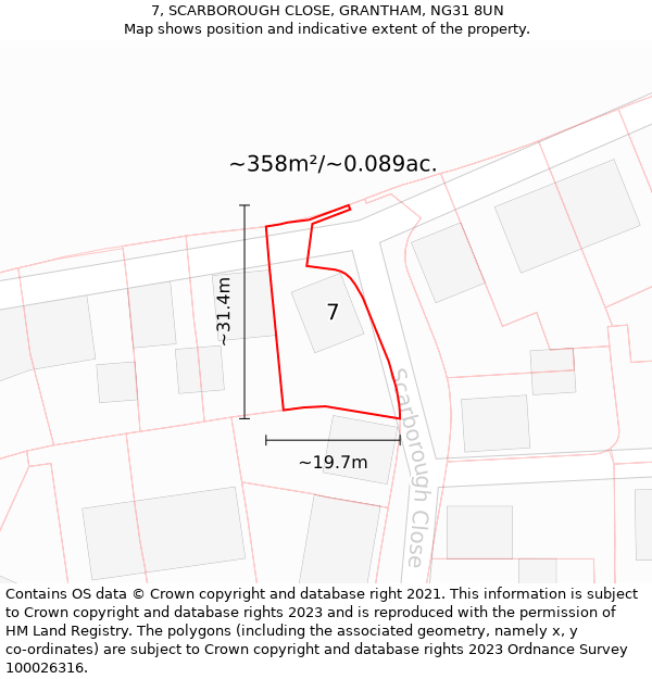 7, SCARBOROUGH CLOSE, GRANTHAM, NG31 8UN: Plot and title map