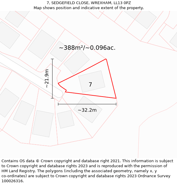 7, SEDGEFIELD CLOSE, WREXHAM, LL13 0PZ: Plot and title map