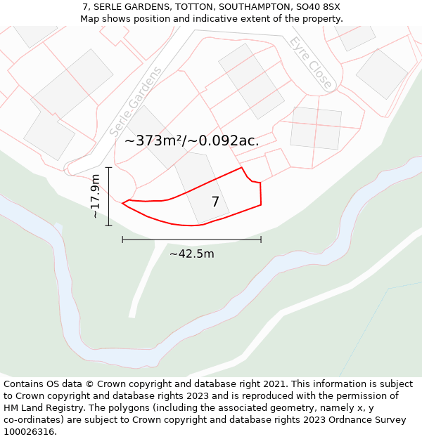 7, SERLE GARDENS, TOTTON, SOUTHAMPTON, SO40 8SX: Plot and title map