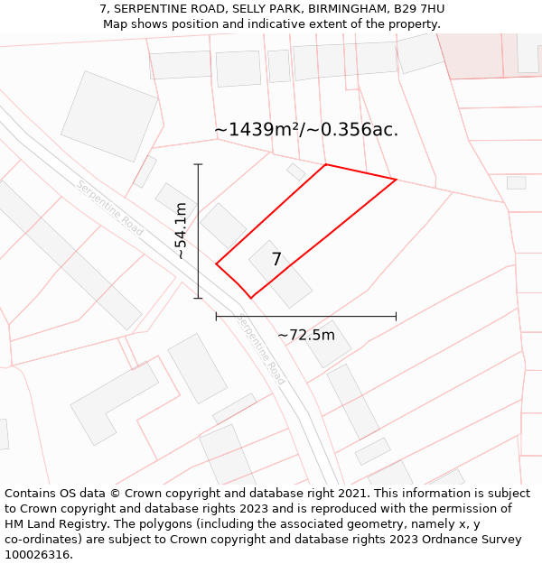 7, SERPENTINE ROAD, SELLY PARK, BIRMINGHAM, B29 7HU: Plot and title map