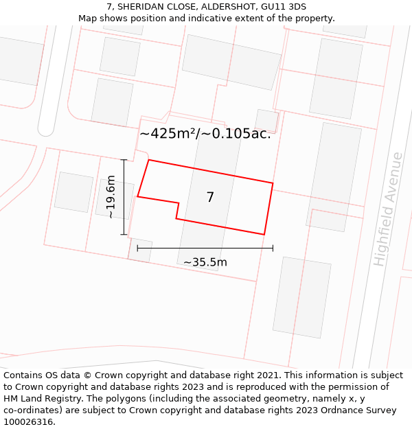 7, SHERIDAN CLOSE, ALDERSHOT, GU11 3DS: Plot and title map