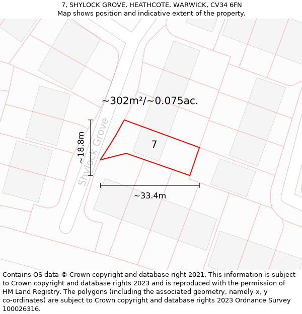 7, SHYLOCK GROVE, HEATHCOTE, WARWICK, CV34 6FN: Plot and title map