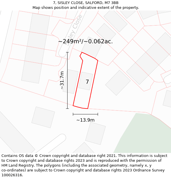 7, SISLEY CLOSE, SALFORD, M7 3BB: Plot and title map