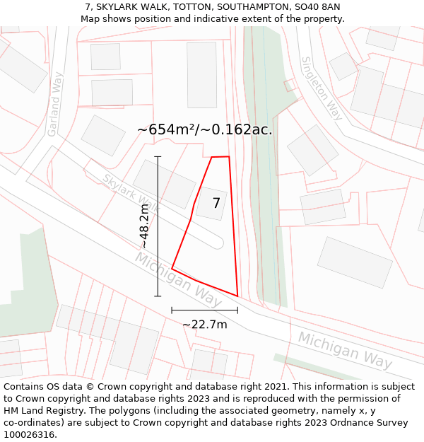 7, SKYLARK WALK, TOTTON, SOUTHAMPTON, SO40 8AN: Plot and title map