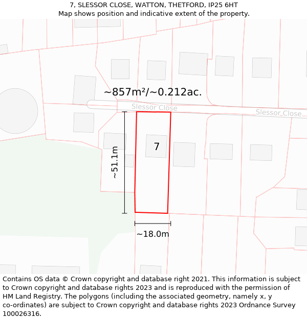 7, SLESSOR CLOSE, WATTON, THETFORD, IP25 6HT: Plot and title map