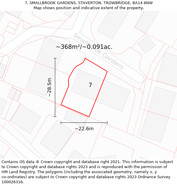 7, SMALLBROOK GARDENS, STAVERTON, TROWBRIDGE, BA14 6NW: Plot and title map