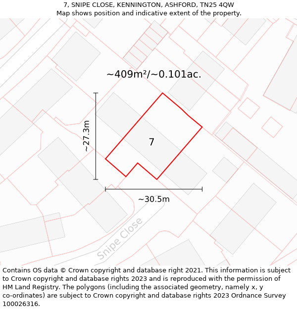 7, SNIPE CLOSE, KENNINGTON, ASHFORD, TN25 4QW: Plot and title map