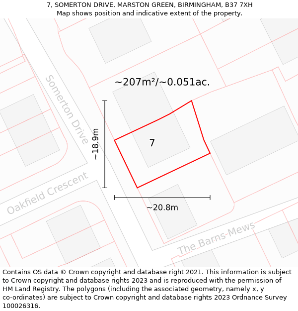 7, SOMERTON DRIVE, MARSTON GREEN, BIRMINGHAM, B37 7XH: Plot and title map