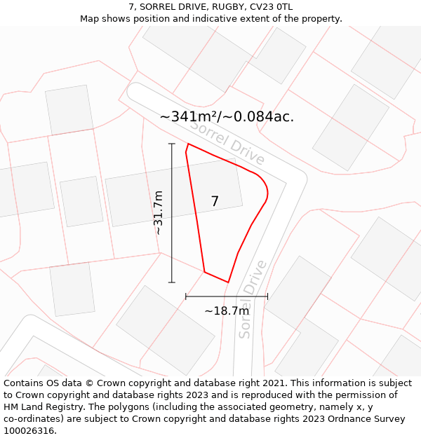 7, SORREL DRIVE, RUGBY, CV23 0TL: Plot and title map