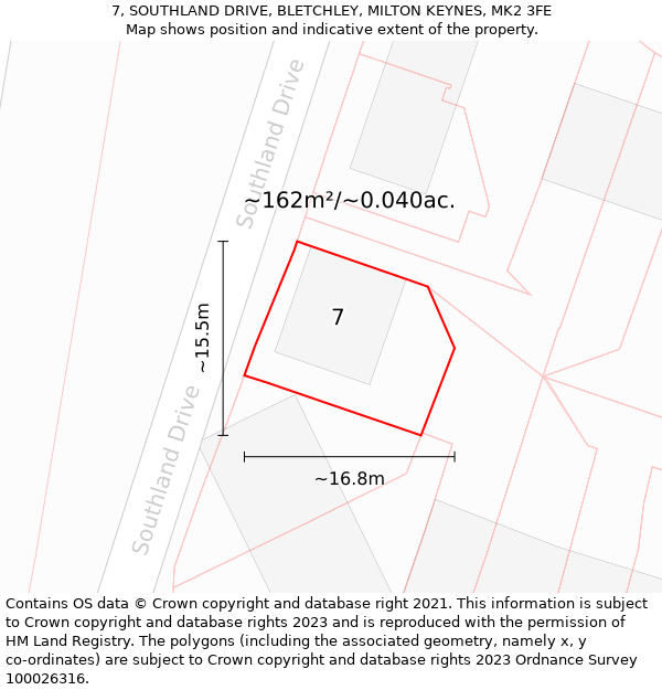 7, SOUTHLAND DRIVE, BLETCHLEY, MILTON KEYNES, MK2 3FE: Plot and title map