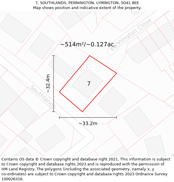 7, SOUTHLANDS, PENNINGTON, LYMINGTON, SO41 8EE: Plot and title map