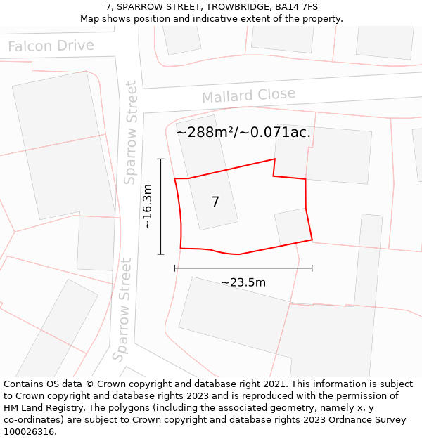 7, SPARROW STREET, TROWBRIDGE, BA14 7FS: Plot and title map