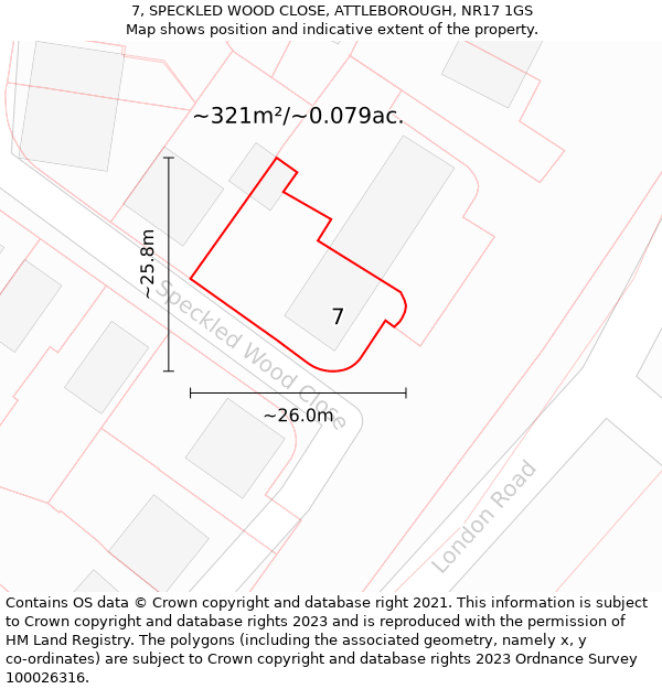 7, SPECKLED WOOD CLOSE, ATTLEBOROUGH, NR17 1GS: Plot and title map