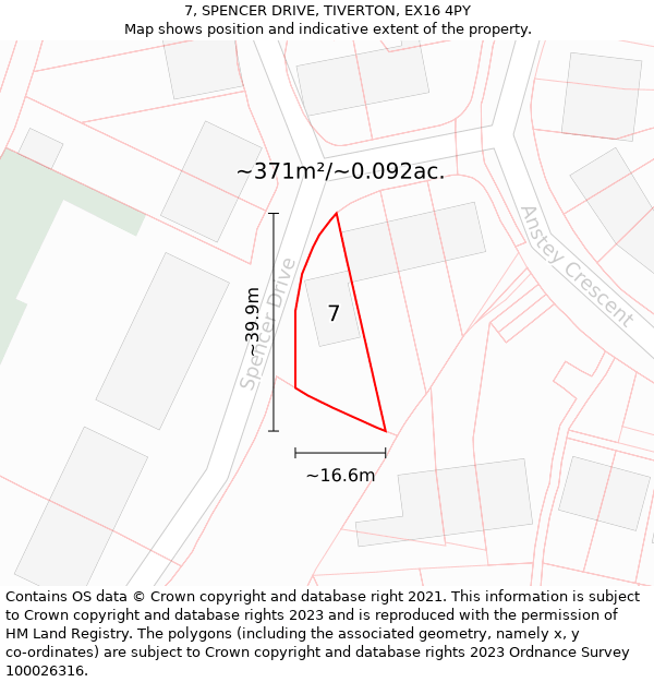 7, SPENCER DRIVE, TIVERTON, EX16 4PY: Plot and title map