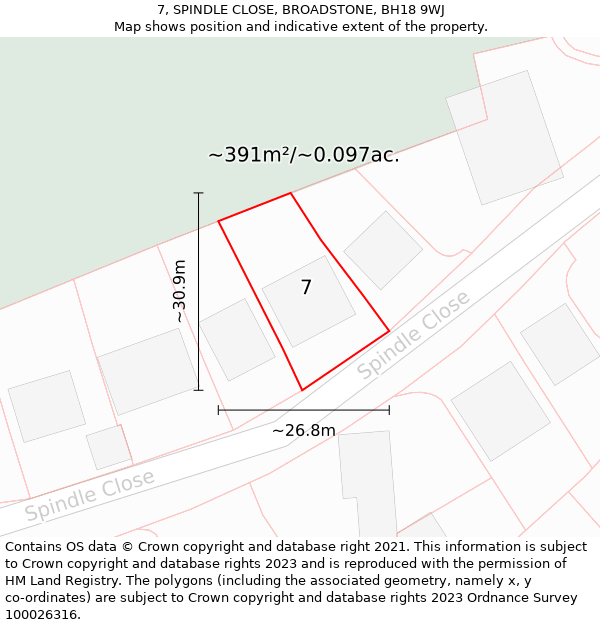 7, SPINDLE CLOSE, BROADSTONE, BH18 9WJ: Plot and title map