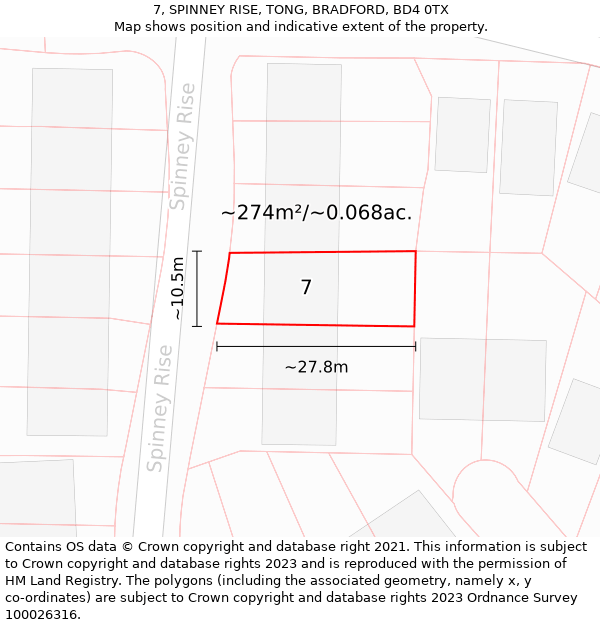 7, SPINNEY RISE, TONG, BRADFORD, BD4 0TX: Plot and title map