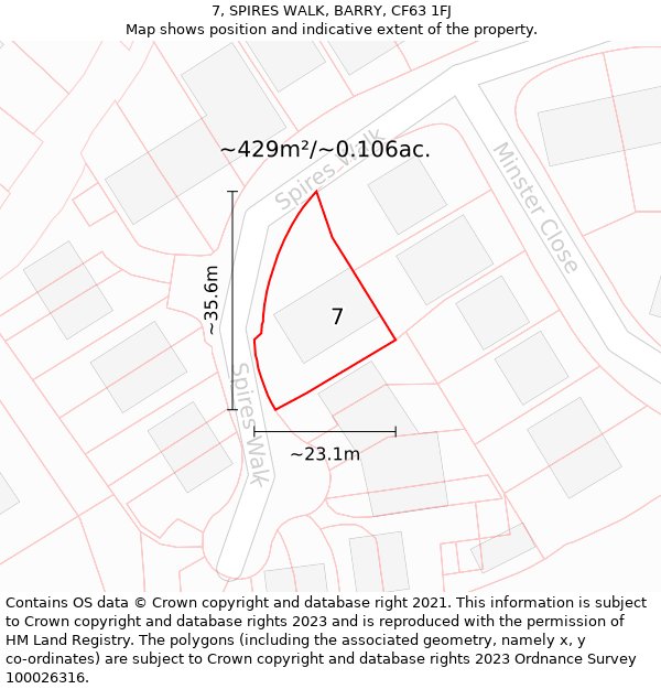 7, SPIRES WALK, BARRY, CF63 1FJ: Plot and title map