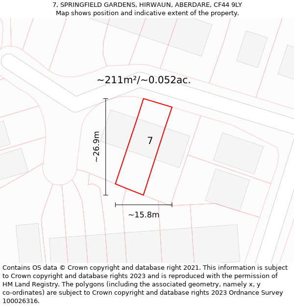 7, SPRINGFIELD GARDENS, HIRWAUN, ABERDARE, CF44 9LY: Plot and title map