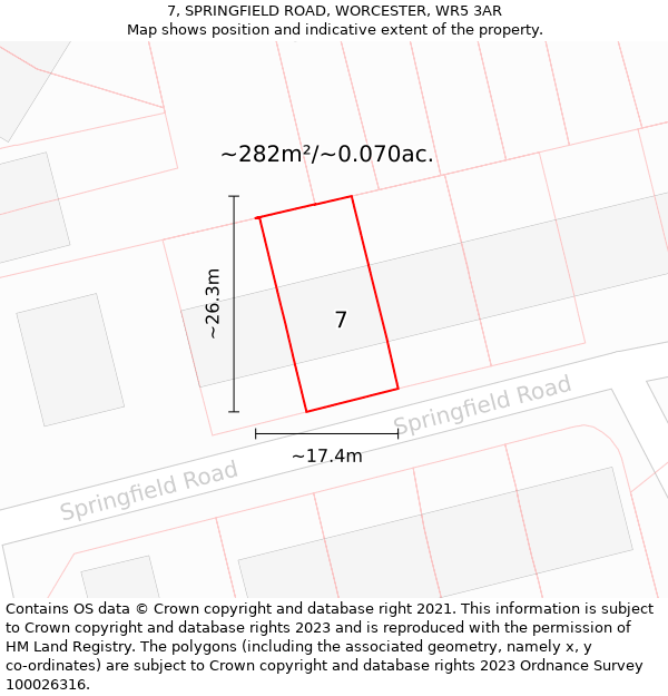 7, SPRINGFIELD ROAD, WORCESTER, WR5 3AR: Plot and title map