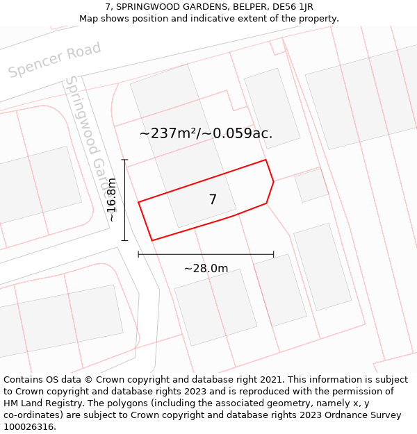 7, SPRINGWOOD GARDENS, BELPER, DE56 1JR: Plot and title map