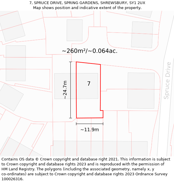 7, SPRUCE DRIVE, SPRING GARDENS, SHREWSBURY, SY1 2UX: Plot and title map