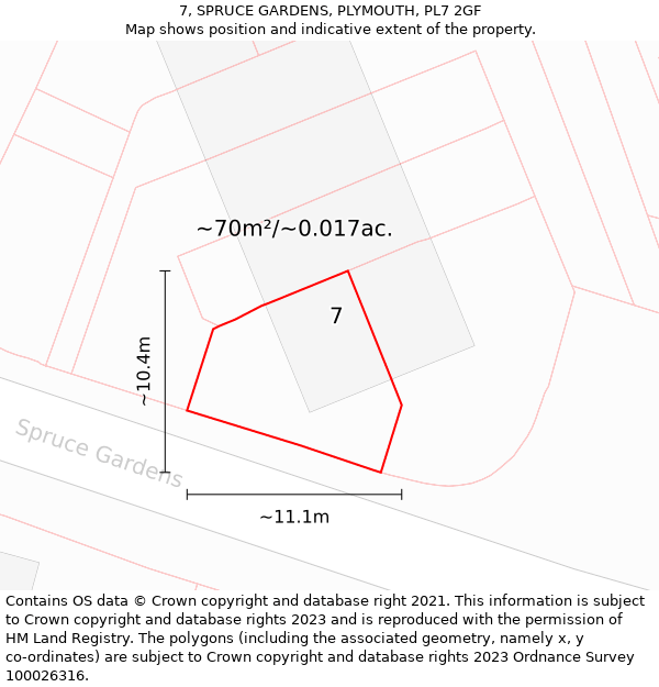 7, SPRUCE GARDENS, PLYMOUTH, PL7 2GF: Plot and title map