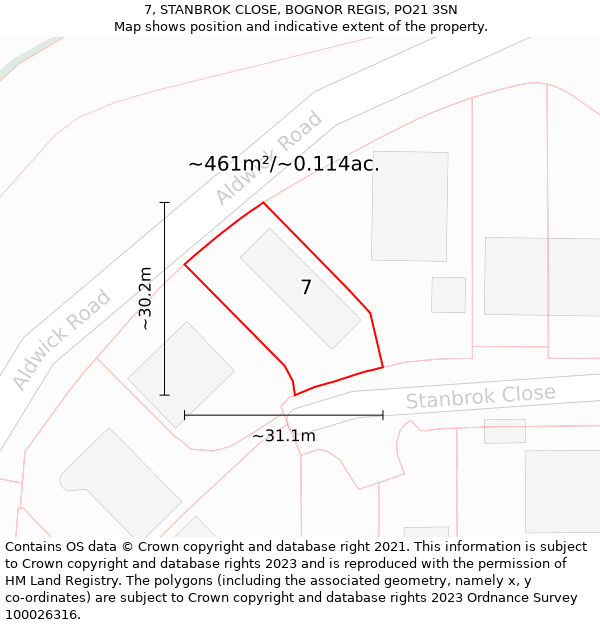 7, STANBROK CLOSE, BOGNOR REGIS, PO21 3SN: Plot and title map