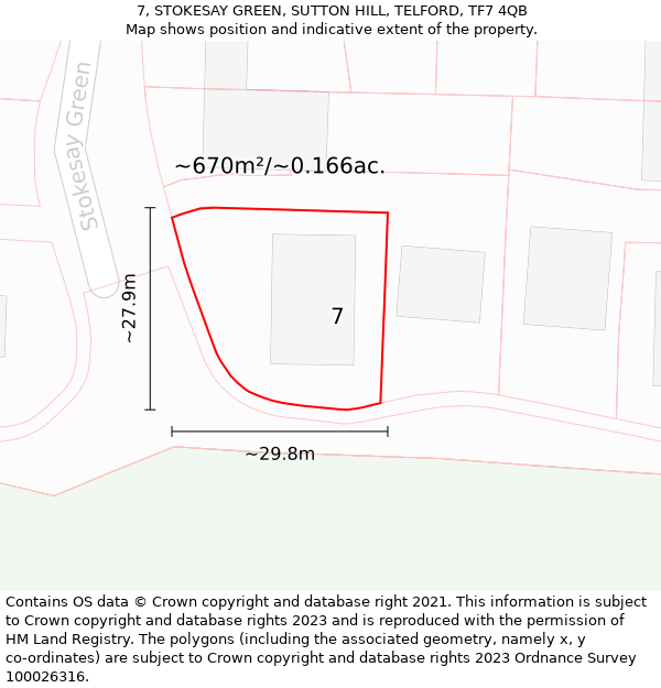 7, STOKESAY GREEN, SUTTON HILL, TELFORD, TF7 4QB: Plot and title map