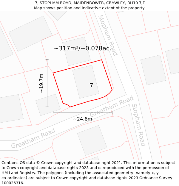 7, STOPHAM ROAD, MAIDENBOWER, CRAWLEY, RH10 7JF: Plot and title map