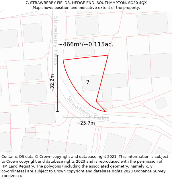 7, STRAWBERRY FIELDS, HEDGE END, SOUTHAMPTON, SO30 4QX: Plot and title map