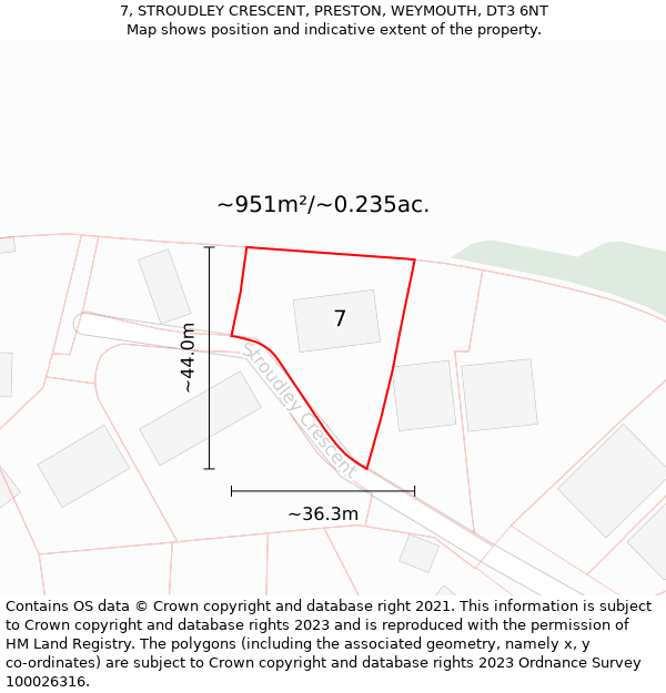 7, STROUDLEY CRESCENT, PRESTON, WEYMOUTH, DT3 6NT: Plot and title map