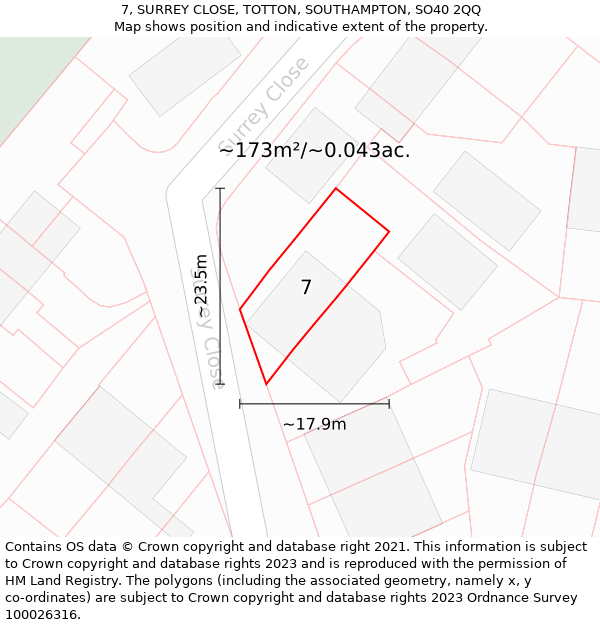 7, SURREY CLOSE, TOTTON, SOUTHAMPTON, SO40 2QQ: Plot and title map