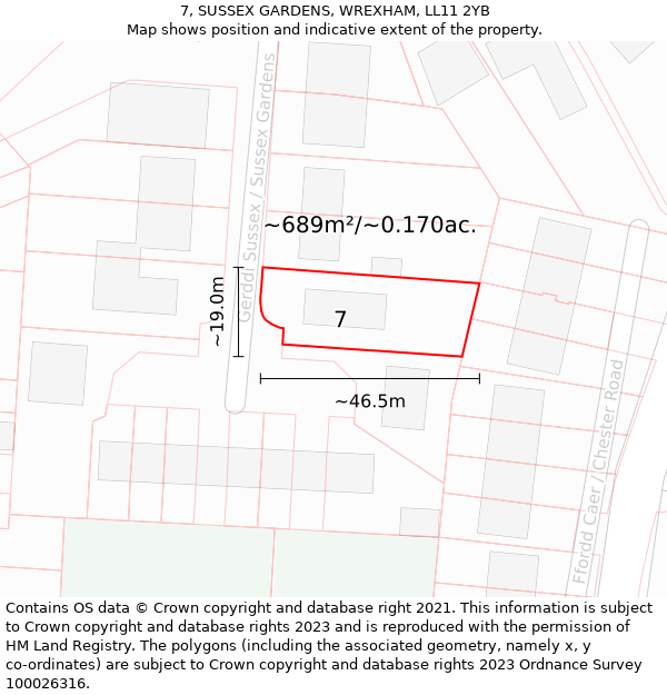 7, SUSSEX GARDENS, WREXHAM, LL11 2YB: Plot and title map