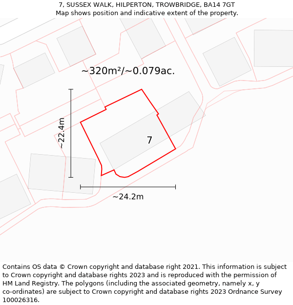 7, SUSSEX WALK, HILPERTON, TROWBRIDGE, BA14 7GT: Plot and title map